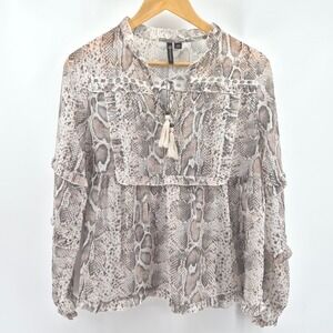 ersona XS Snakeskin Print Boho Peasant Top Tassel Ruffle Sleeve Sheer Romantic‎